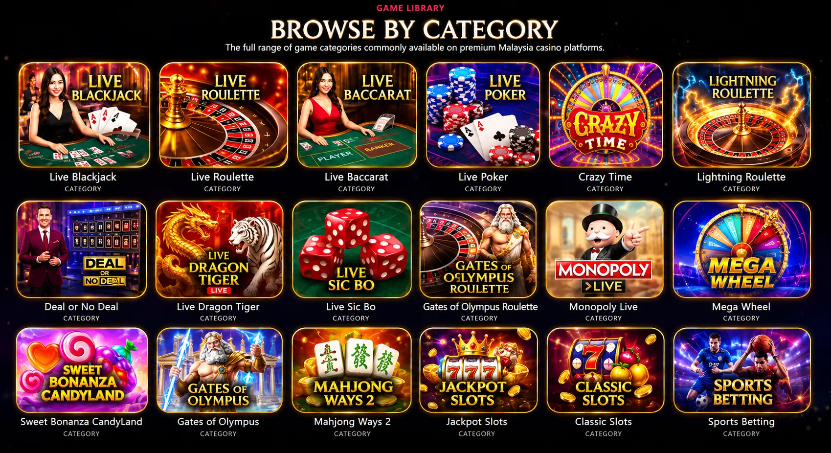 Gallery of live casino, slot and sports betting game categories